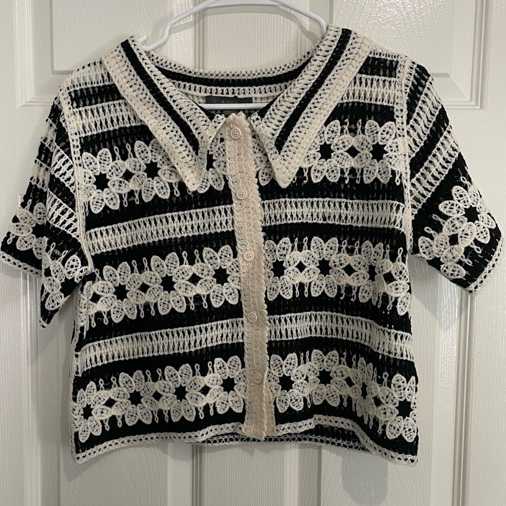 Black and White Crochet Sweater Button Down
